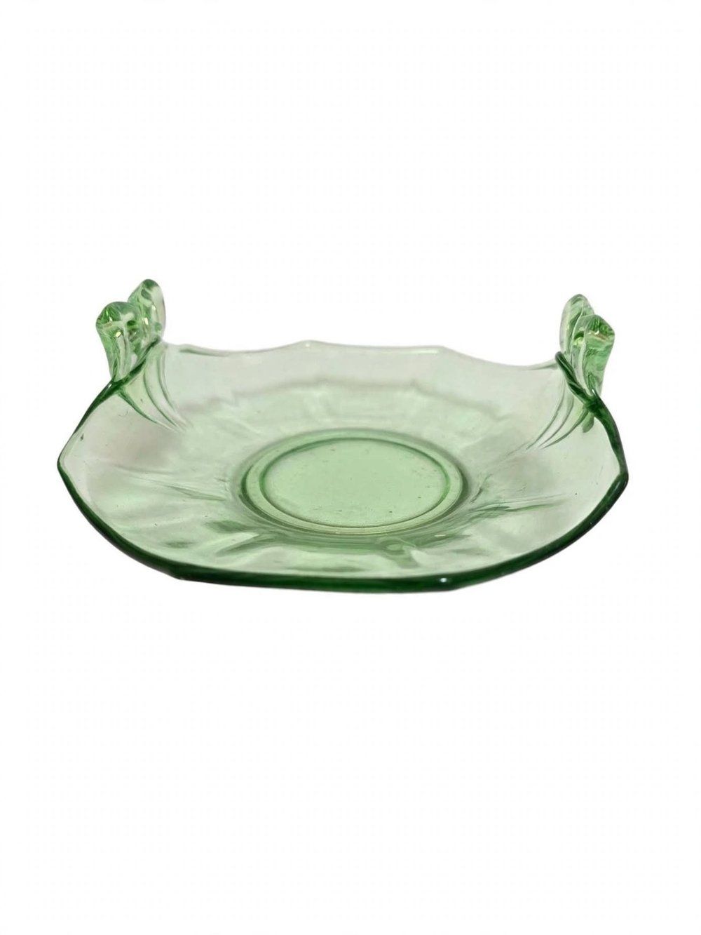 Green Glass Serving Plate with Decorative Handles